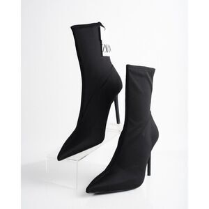 Zara Womens Ankle Boots Stretch Fabric Stiletto Black 1110/010 US 10 EU 41 New